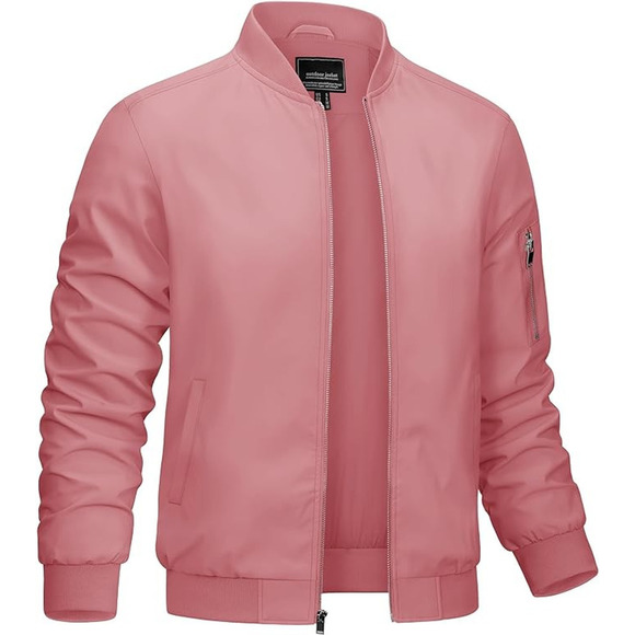 CRYSULLY Other - Men's Bomber Lightweight Jacket-Spring Fall Casual Thin Full Zip Gray Pink L